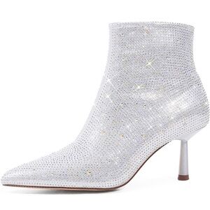 Rhinestone Ankle Booties Pointed Toe Silver Sparkly New